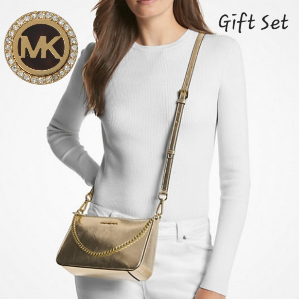 Michael Kors Jet Set GIFT SET Medium Metallic GOLD Shoulder Bag and Card Case